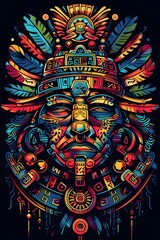 Fototapeta premium Mayan Inspired Tribal Tattoo Design with Vibrant Mesoamerican Symbols and Mythological Figures