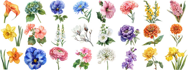 Watercolor flower set isolated background. Various floral collection of nature blooming flower clip...