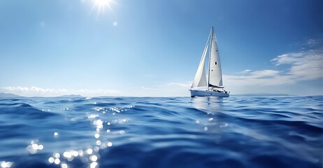 Obraz premium A sailboat on the open sea with a clear blue sky and sunlight in the background. white boat on blue sea 