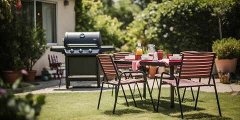 A Plastic lawn chair on a backyard patio, with a barbecue grill and outdoor dining set for a summer...