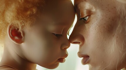 Obraz premium A heartwarming close-up captures the bond between a mother and her child with albinism, their eyes shining with love and connection.