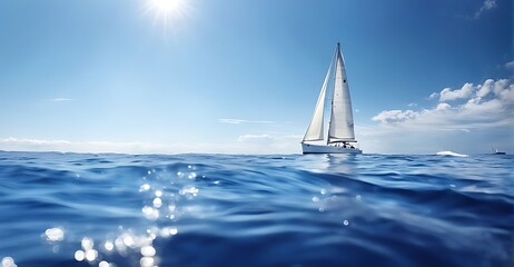 Obraz premium A sailboat on the open sea with a clear blue sky and sunlight in the background. white boat on blue sea 