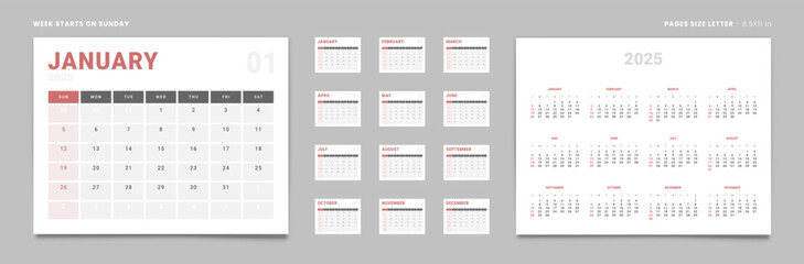 Set of 12 Pages Monthly Calendar Planner Templates and annual on 2025 year. Vector layout of a wall or desktop calendar with the week starting on Sunday ready for printing. Page size Letter -8.5x11