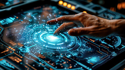 Futuristic technology touchscreen interface, glowing blue digital hand gesture control, advanced cyber tech
