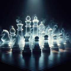 set of chess pieces that appear to be made of a translucent, glass-like material with a smoky or ethereal quality, illuminated from below to enhance their three-dimensional forms and details