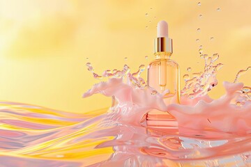 Cosmetic spa medical skincare glass serum bottle with collagen on pink-yellow water background with waves