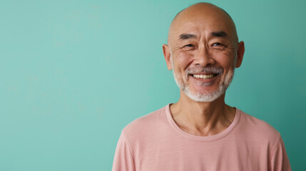 A man with a shaved head is smiling, cancer patient with chemotherapy
