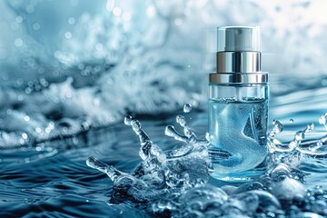 Cosmetic spa medical skincare glass serum bottle with collagen on  water background with waves
