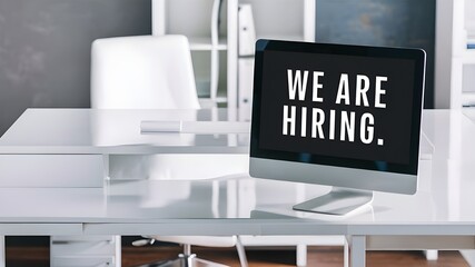 We are hiring text written on the computer on office desk. Job requirement . Post vacancy. Office desk . Hiring social media post. Company office.