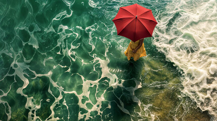 A woman in a yellow dress stands in the ocean, holding a red umbrella. The water is a mix of green and blue, and the waves are crashing around her