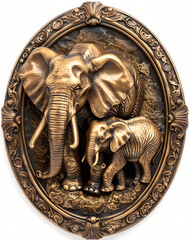 Mother and Baby Elephant Medallion - 3D Bronze Bas Relief Isolated on White Background