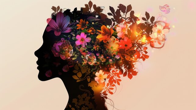 Illustration, blooming flowers in the structure of the silhouette of a woman's head with elements of blooming flowers.