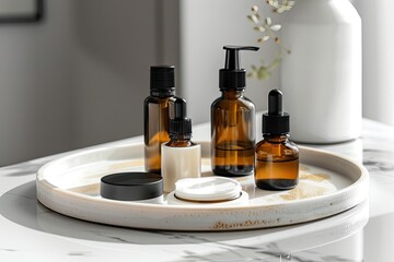 bottles of cream or serum on a ceramic tray. Blank packaging. Natural beauty spa product concept.