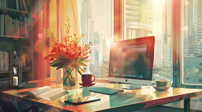 The work space is decorated with flowers and hot coffee in the hot sun. seamless looping 4k animated video background.