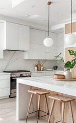 Fototapeta premium Contemporary kitchen with sleek white cabinets and marble countertops, styled in Scandinavian minimalism with natural materials. 