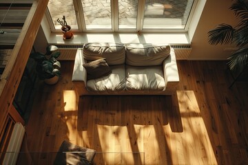 Cozy Living Room with Modern Interior Grey Sofa and Wooden Flooring Lit By Warm Light out of the Window. Top View Camera Shot