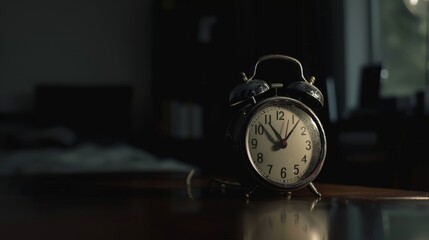 Close-up of alarm clock against black background, An alarm clock on a table surrounded by darkness