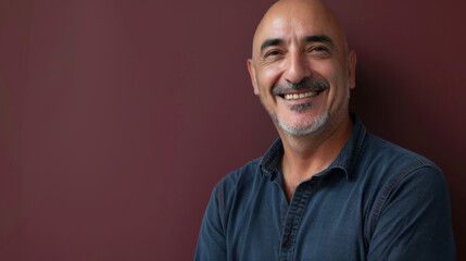 Fototapeta premium A man with a shaved head is smiling, cancer patient with chemotherapy