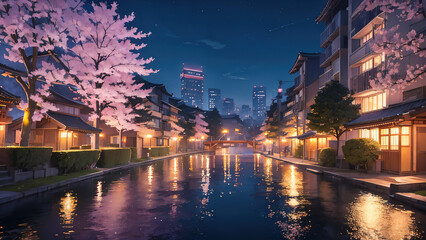 Obraz premium A beautiful japanese tokyo city town in the evening. houses at the street. anime comics artstyle. cozy lofi asian architecture