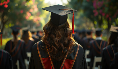 A woman in a graduation cap and gown standing in a line. Generative AI