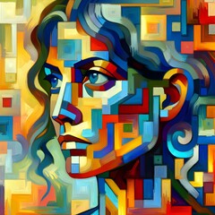 Obraz premium Face of a beautiful woman combined with colorful geometric shapes. Digital painting.