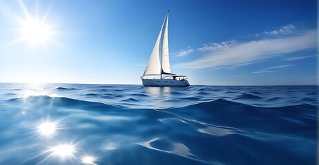Obraz premium A sailboat on the open sea with a clear blue sky and sunlight in the background. white boat on blue sea 
