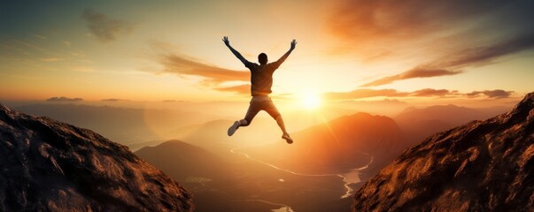 image of a man leaping joyfully above a mountainous landscape at sunset, radiating freedom and adventure travel blogs, motivational content, adventure sports advertising, and inspirational social post - Powered by Adobe