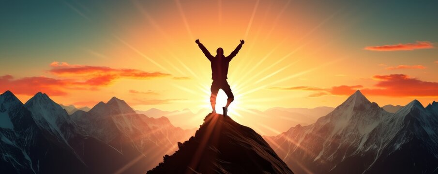 image of a man leaping joyfully above a mountainous landscape at sunset, radiating freedom and adventure travel blogs, motivational content, adventure sports advertising, and inspirational social post