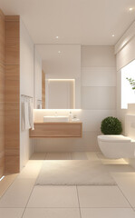 Modern bathroom with clean lines and neutral tones in Scandinavian simplicity style, featuring soft white walls.
