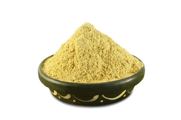 fuller earth or multani mitti powder in bowl for traditional herbal ayurvedic face pack,skin care,cutout in transparent background,png format