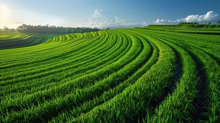 Geometric lines formed by rice seedlings in an expansive paddy field