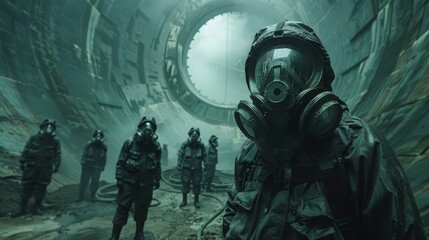 Fototapeta premium A photorealistic depiction of workers in protective gear inspecting a nuclear reactor