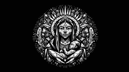 Fototapeta premium low-poly vector style illustration of Pachamama mother earth indigenous, holding a baby, cosmic art