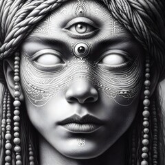 Black and white portrait of a beautiful woman with ornaments on her face