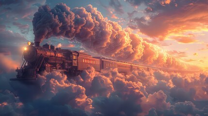 A fantasy illustration of a flying train above clouds, surreal