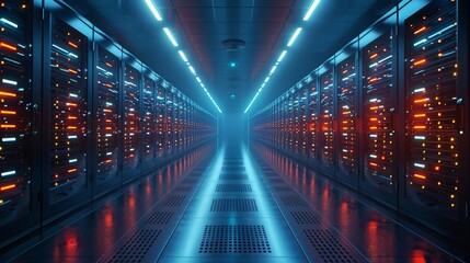 A photorealistic shot of the inside of a data center with rows of servers