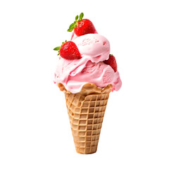 Strawberry ice cream cone isolated on transparent background generative ai, cut out, or clipping path.
