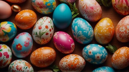 Easter day background in a field of flowers and eggs