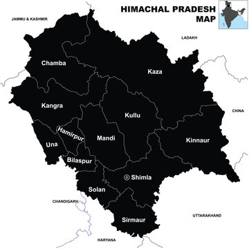 Detailed Silhouette vector Illustration of Himachal Pradesh District map with neighbour state and country.