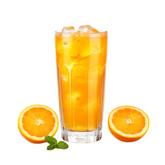 Glass of cold orange juice with ice isolated on transparent background generative ai, cut out, or clipping path.