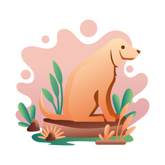 FLAT DESIGN 42 VECTOR ILLUSTRATION OF CUTE DOG WITH NATURE BACKGROUND , MADE WITH SOFT OR MODERN GRADIENT COLOR