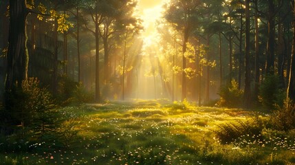 Tranquil Forest Landscape with Dappled Sunlight and Lush Foliage During Golden Hour