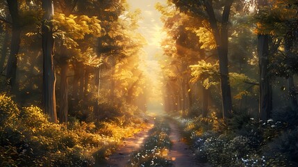 Tranquil Forest Landscape with Dappled Sunlight and Serene Atmosphere