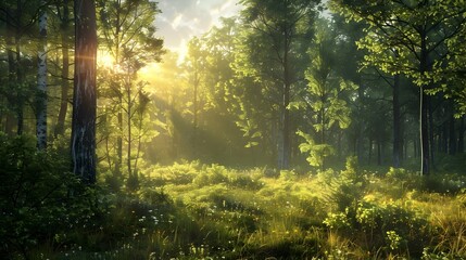 Obraz premium Tranquil Forest Landscape During Golden Hour with Intricate Foliage and Dappled Sunlight
