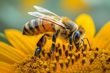 Fototapeta premium Bee Collecting Nectar from Golden Sunflower Bloom in Nature's Harmony