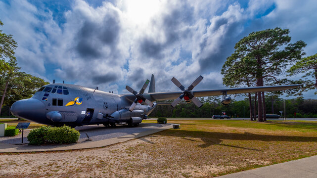 Eglin AFB, FL&mdash;April 29, 2024; front port side view of an AC-130H grey Spooky gunship attack aircraft on display at the United States Air Force Armaments Museum in Florida