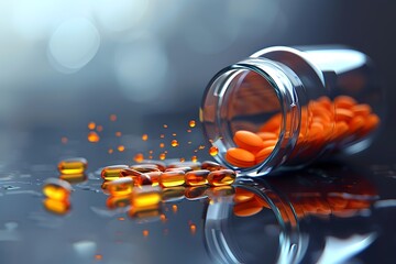 Spilling Prescription Capsules from Contemporary Medicine Bottle onto Sleek Reflective Surface with Glossy Finish