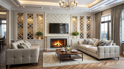 Elegant living room design showcasing a hidden TV behind decorative panels and a cozy fireplace.