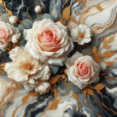 artwork that combines the ethereal beauty of blooming roses with the intricate, marbled patterns and golden accents, capturing the essence of elegance and luxury