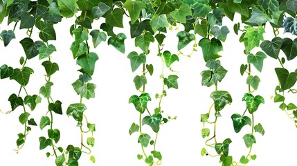 Vines with heart-shaped leaves hanging on the white background, isolated on a transparent 